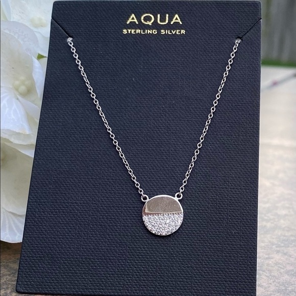 NWT BLOOMINGDALE’S AQUA STERLING SILVER PAVE CIRCLE DISC PENDANT NECKLACE - Picture 5 of 7